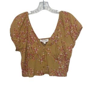 Pink Rose Ditsy Floral Smocked Crop Top Large Gold New Lightweight Summer